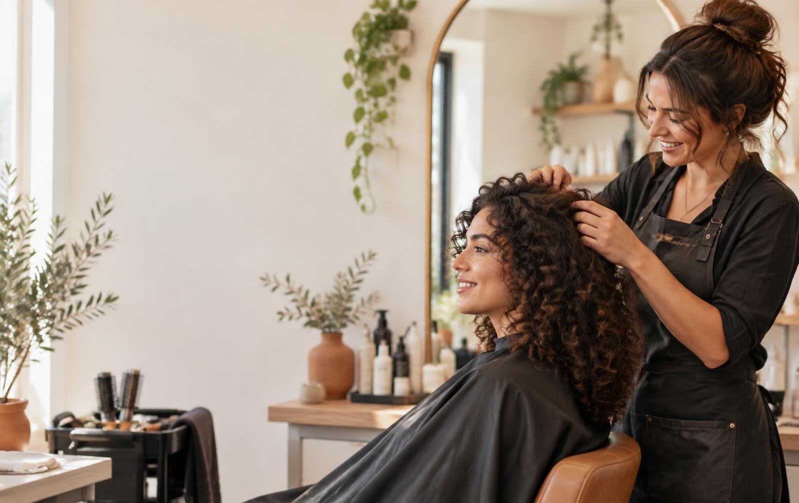 Stylist caring for a client's hair in a bright studio